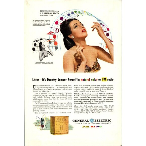 GE &amp; Dorothy Lamour Print Ad May 1945 National Geographics WWII Full Page - Picture 1 of 1